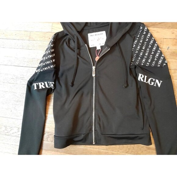 True Religion Y2K Womens XS Monogram Graphic Logo Hooded Gold Zip Jacket Black - Picture 2 of 7